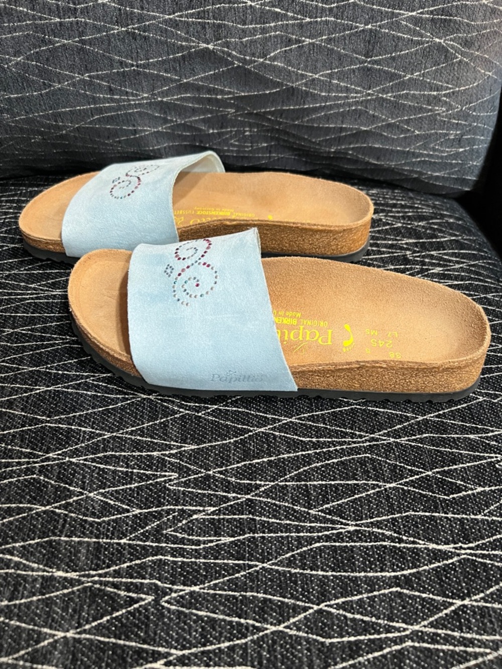 Papillio by Birkenstock Light Blue Slide Sandals with Tan Footbed - Picture 3 of 8